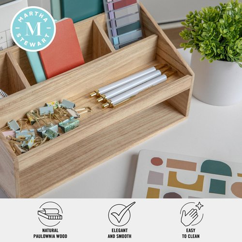 Martha Stewart Weston Wooden Desktop Organizer with Open Lower Storage Compartment, Paulownia Wood Multipurpose Storage Caddy, Light Natural