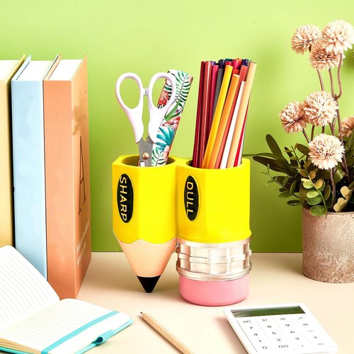 Cholemy Pencil Shaped Pen Holder Funny Pencil Dispenser Container Storage Organizer for Students, Teachers, Office, Desk Gift(Yellow)
