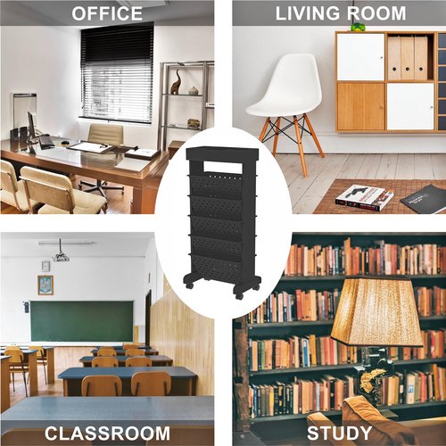 YEMUNY 6 Tier Rolling Utility Cart Multi-Functional Movable Storage Book Shelves with Lockable Casters for Study Office Classroom, Black