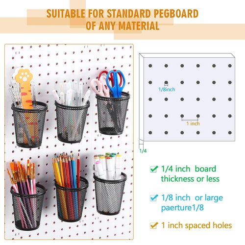 Spakon 6 Sets Pegboard Cups with Ring Hook Pegboard Bin Holder Organizer Multipurpose Pen Cup Metal Pencil Holder Peg Board for Desk Office Garage