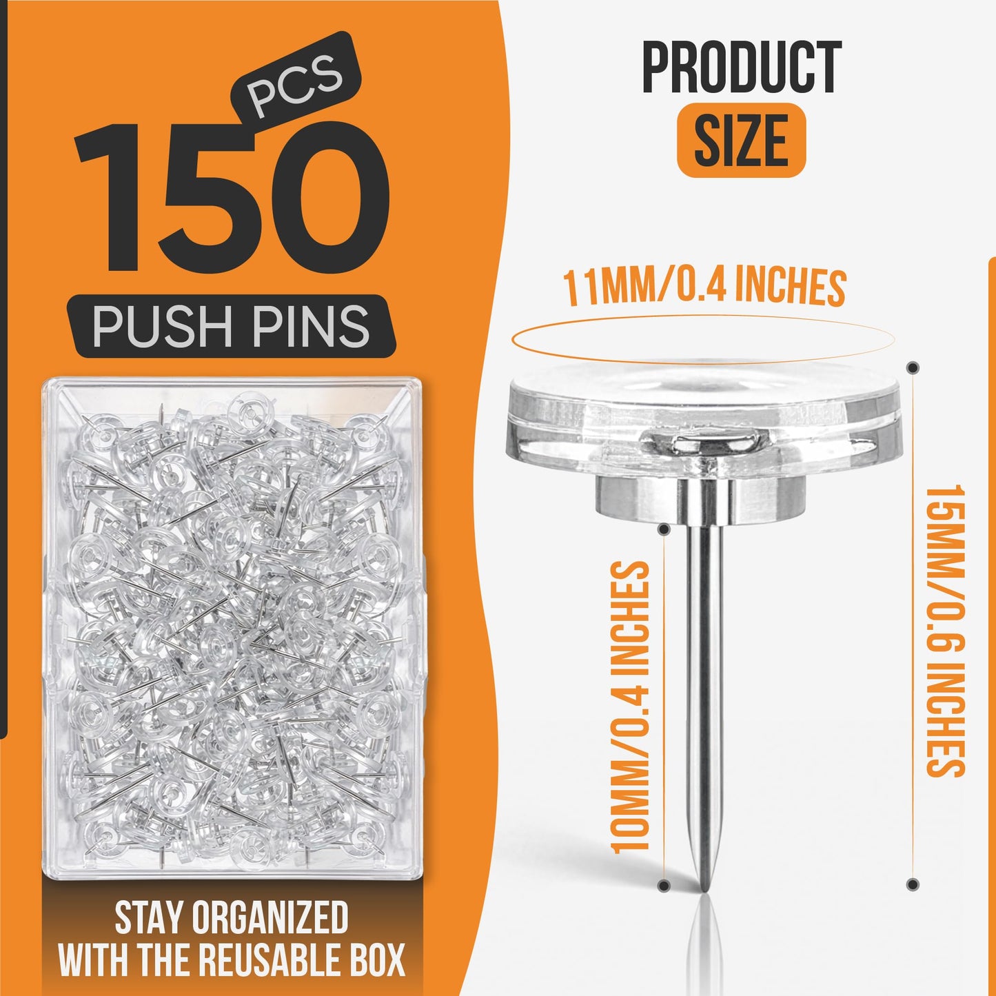 150 Pack Clear Push Pins Thumb Tacks by Luxurecourt, Flat Head Thumbtacks for Bulletin Board, Wall Hanging, Cork Board, Shadow Box, Heavy Duty Plastic Head with Steel Point in Reusable Storage Box.