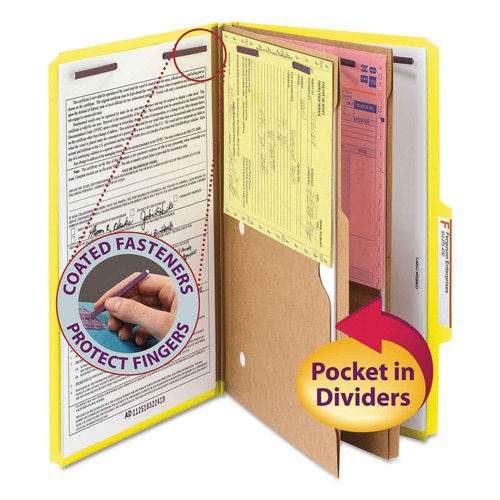 Smead Pressboard Classification File Folder with SafeSHIELD Fasteners, 2 Pocket Dividers, 2" Expansion, Legal Size, Yellow, 10 per Box (19084)