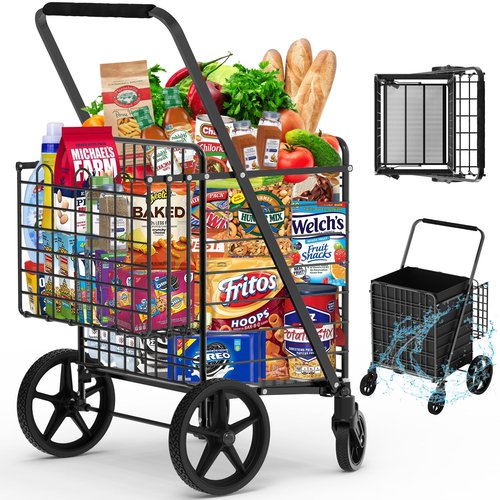 450lbs Capacity Shopping Cart,Upgrade Huge Grocery Cart on Wheels,Heavy Duty Foldable Utility Shopping Carts with Double Basket and 360° Rolling Swivel Wheels for Groceries Laundry Transport 1