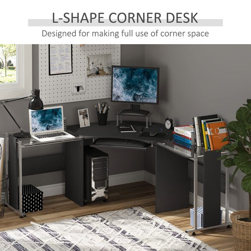 HOMCOM 69" Modern L-Shaped Tempered Glass Office Computer Desk with Elevated Monitor Stand, Rolling CPU Holder, Pull Out Keyboard Tray and Steel Frame, Black