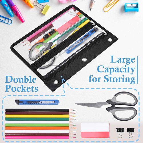 YoeeJob 24 Pack Zipper Pencil Pouches for 3 Ring Binder, 1.5 Inch Expandable with 2 Pockets and Clear Window for School and Office （Black）