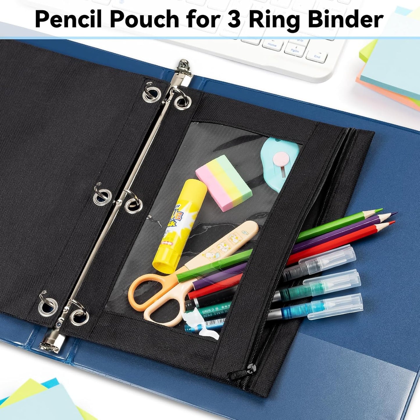 V-Opitos Pencil Pouch - Durable 3-Hole Zipper Case with Clear Window | 2-Pack for School & Office Supplies