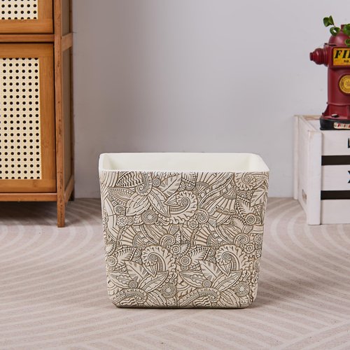 Rustic White Tropical Leaves Carved Small Bathroom Trash Can 2.5 Gallon(9 Liter), Resin Heavy Sturdy Kitchen Garbage Can,Living Room Bedroom Trash Can, Decorative Wastebasket for Home, Garden, Office