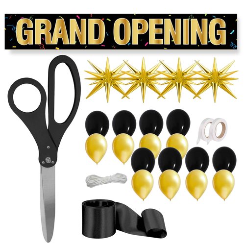 Black Ribbon Cutting Ceremony Kit - 25 Inch Scissors for Grand Opening Gold Satin Ribbon Gold Star Balloons and Grand Opening Banner for Inaugurations Special Events Ceremonies