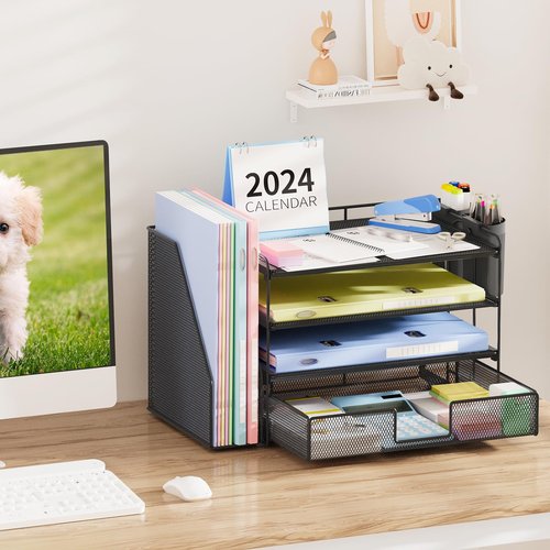 OPNICE Desk Organizer and Accessories, 4-Tier Desktop File Organizer with Drawer and 2 Pen Holders, Office Desk Accessories for Office Supplies(Black)