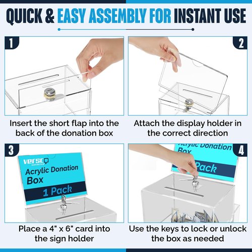 Versco Unlimited Modern Clear Acrylic Donation Box with Lock, Shelf and Sign Holder - 6.3x4x4.2 Inch Lockable Fundraising, Tip, and Ballot Box