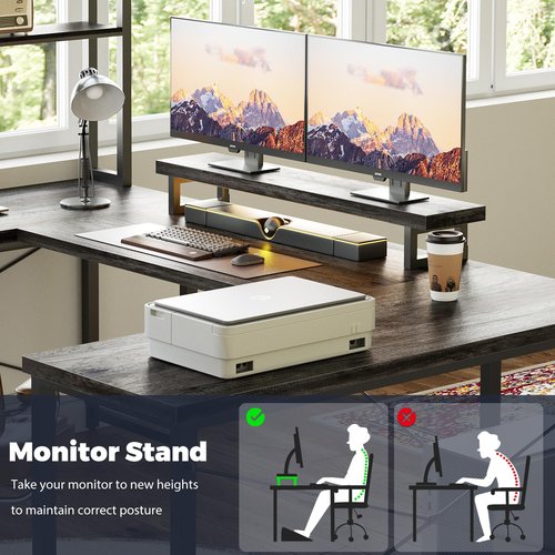 iSunirm L Shaped Gaming Desk, 74 Inch Reversible U Shaped Computer Desk with Storage Shelves, Monitor Stand for Home Office,Living Room,Black Oak