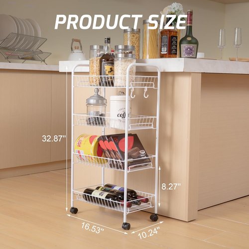 PLKOW 4-Tier Metal Rolling Utility Cart - Multi-Functional Lightweight Organizer with Wheels | White