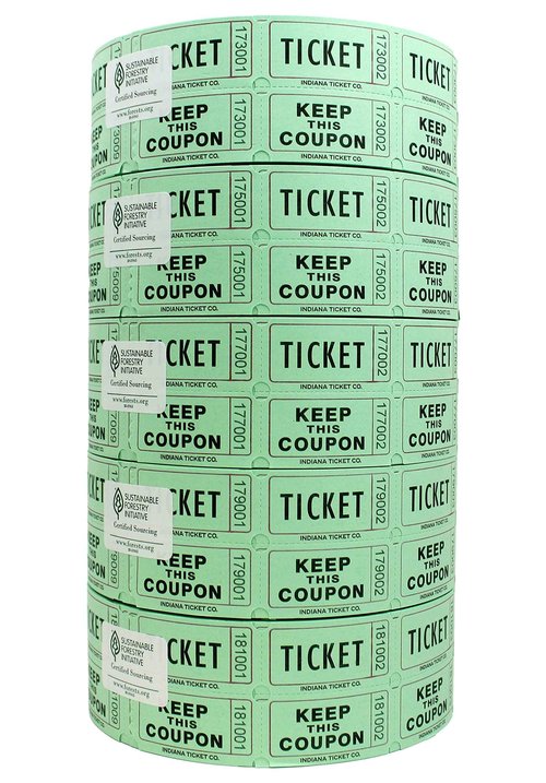 INDIANA TICKET CO. 10,000 Green CONSECUTIVELY Numbered Raffle Ticket Roll. 5 Rolls of 2,000, for Classroom Rewards, Events, Fundraisers, Door Entry, Raffles, Prizes, Drink/Food Tickets, & More