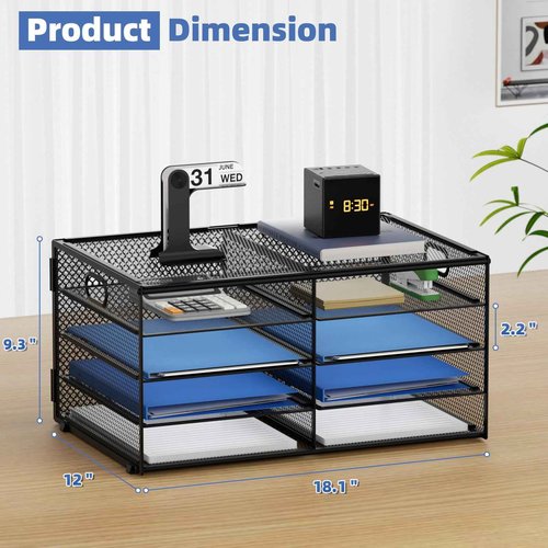 Lavatino 8 Compartments Paper Organizer for Desk, Mesh Literature Organizer, Mail File Sorter Tray with Handle, Desktop Mailbox for Office Classroom Home, Black