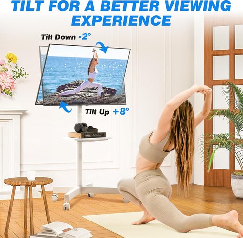 Rfiver Mobile TV Stand - Rolling Floor Stand for 23-60 Inch TVs | Adjustable Shelf & Tilt, White