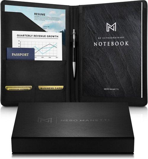 NERO MANETTI Leather Portfolio Folder - Professional PU Leather Notepad Holder for Resumes | Executive Padfolio for Men & Women