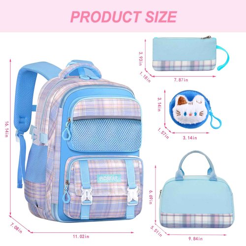 Psecoll 6Pcs Kawaii Backpack Set, Blue Backpack Plaid Laptop Bag Water-Resistant Lightweight Daypack, Large Capacity Double Shoulder Backpack with Chest Strap (Blue)
