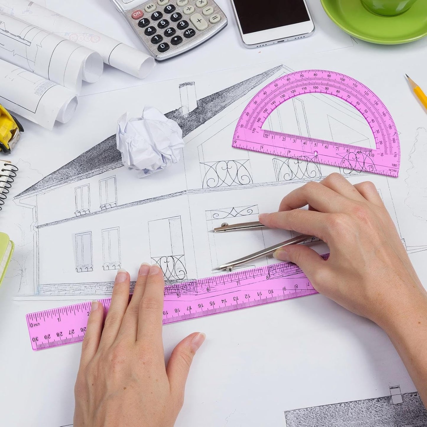Zonon 12'' Plastic Ruler & 6'' Protractor Set - Clear Math Geometry Supplies for School | Pink