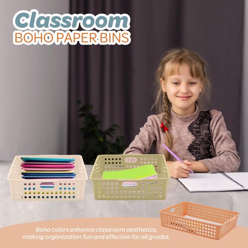 4E's Novelty 6 Pack Classroom Paper Baskets, Organizing Desk Boho Tray for A4 Papers, Classroom Storage Plastic Paper Bins, Fun Turn In Trays for Teachers and Students, Office Desk Room Trays