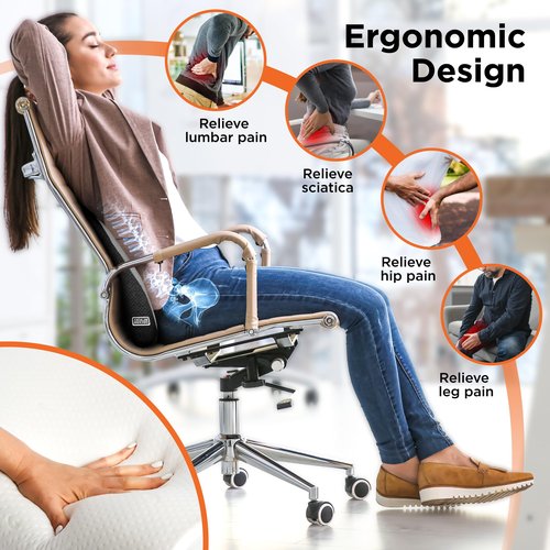 BLACK+DECKER Memory Foam Lumbar Support Pillow – Lumbar Cushion for Office, Car, Wheelchair & Airplane – Ergonomic, Pain Relief, Adjustable Strap, Washable Cover, Grey/Black