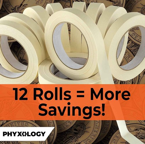 Phyxology Supply 3/4 in Pro-Grade Masking Tape. 60 Yard 12 Pack = 720 Yards of Multi-Use, Easy Tear Tape. Great for Labeling, Painting, Packing and More. Adhesive Leaves No Residue.