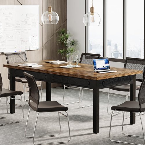 Tribesigns Rectangular Office Conference Table, Farmhouse Meeting Room Tables for 4-6 People, Business Seminar Table for Office Meeting Conference Room, Brown and Black