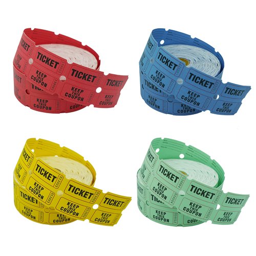 DNB 4000 Pairs Raffle Tickets - 4 Color Set of 1000 2 x 2 Inch 50/50 Double Roll Raffle Tickets - Blue/Yellow/Red/Green