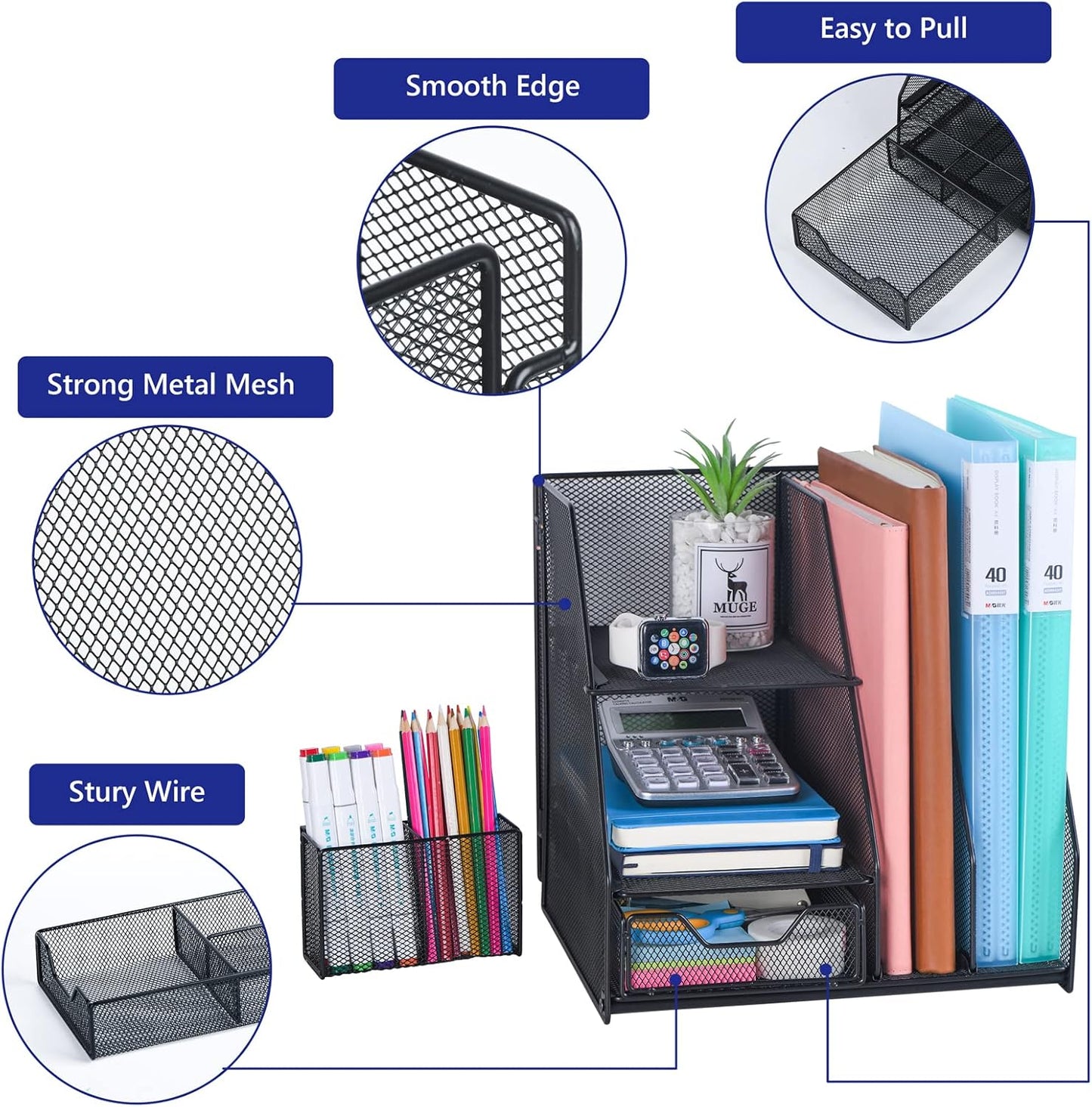 Topwey Desk Organizer - 2-Tier File Organizer with Drawer & Pen Holders | Mesh Desktop Storage Solution