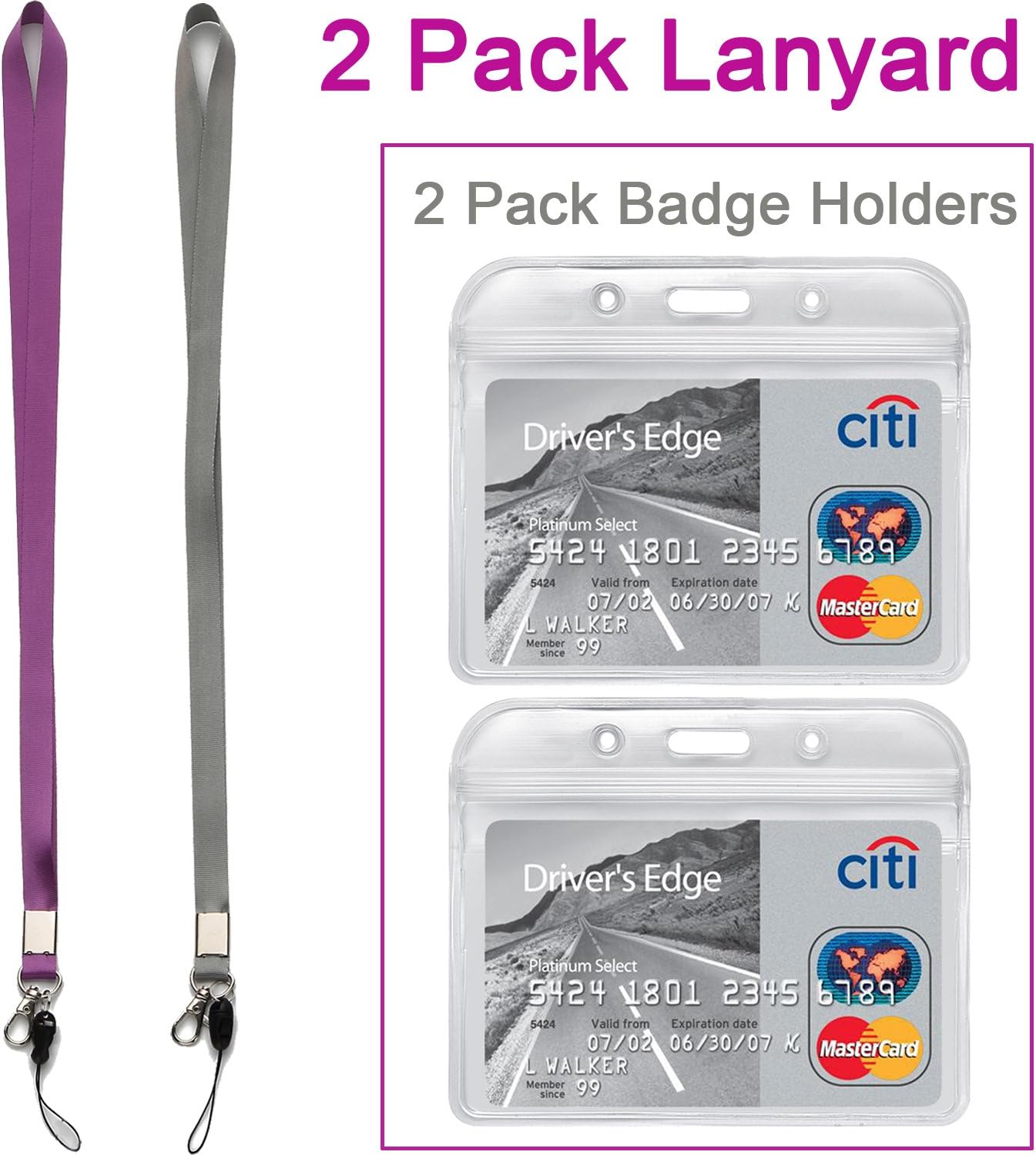 YOUOWO Horizontal Clear ID Badge Holders - 2 Pack with Heavy-Duty Neck Lanyards | Waterproof PVC, Purple & Grey