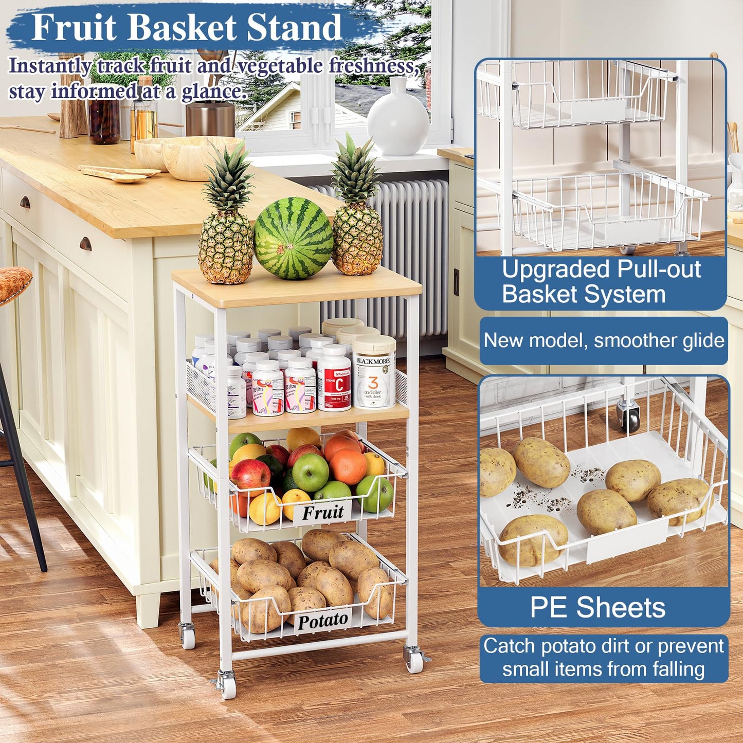 OKZEST 4 Tier Rolling Cart with Drawer Baskets, Metal Utility Storage Cart with Wheels and Wood Top for Living Room, Kitchen, Home Office, Bedroom, Pantry, Baby Essential, Craft, Snack, Makeup, White