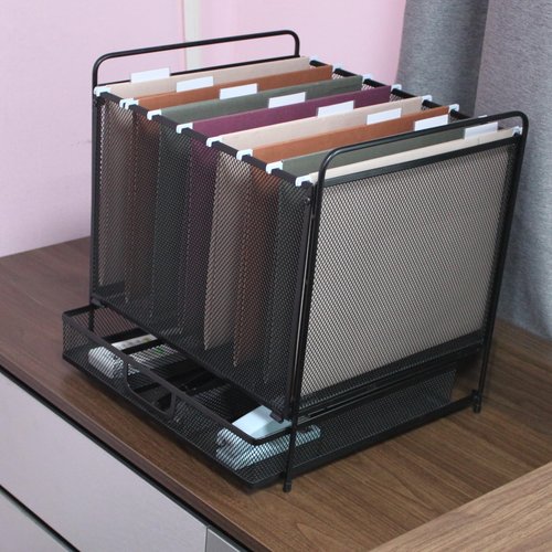 Mknana Mesh Desktop Hanging File Organizer with Drawer,Office Supplies and Home Filing Organizer,Letter Size,Black