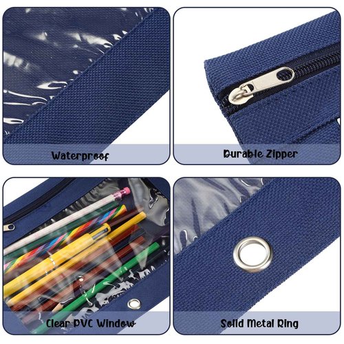 Marspark 30 Packs Pencil Pouch 3 Ring Binder Pen Pouch Cloth Pencil Pouches Zipper Pen Case Bag with Clear Window for School Office Writing Supplies Gifts(Navy Blue)