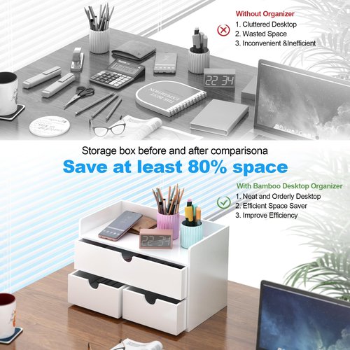 Wisuce Bamboo Desk Organizer - Mini Bamboo Desk Drawer Tabletop Cosmetic Storage Organization for Office or Home White with Shelf