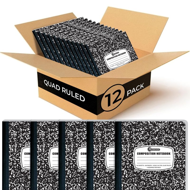 Rosmonde 12 Pack Graph Paper Composition Notebook, 200 Pages (100 Sheets), 4x4 Grid, Graph Composition Notebook, Hard Cover Quad Ruled Notebook for Home & School, Bulk Grid Notebooks, Assorted Marble
