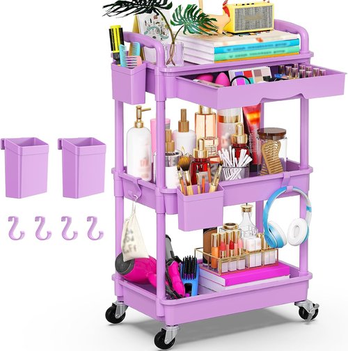 Goovilla 3-Tier Rolling Utility Cart - Sturdy Purple Organizer with Removable Drawer & Lockable Wheels