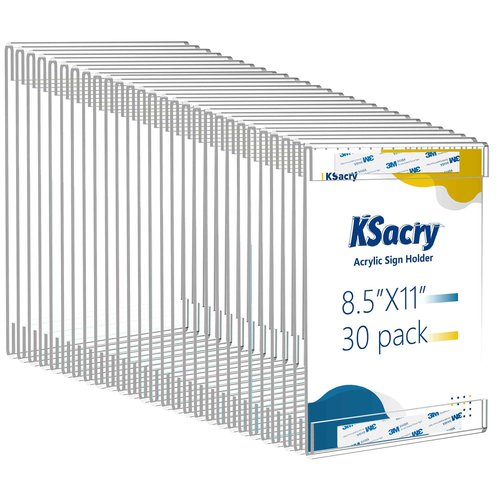 KSacry 30 Pcs Acrylic Sign Holder 8.5 x 11, Vertical Wall Mount Sign Holders with 3M Adhesive, Clear Plastic Frames Paper Display Sign Holders for Office, Home, Store, Restaurant - No Drilling