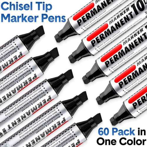Thenshop 60 Pcs Jumbo Permanent Markers Bulk 10mm Chisel Tip Black Thick Permanent Markers Set Waterproof Jumbo Marker for Industrial Use Work on Wood Metal Glass Window Car Glass Paint Pen