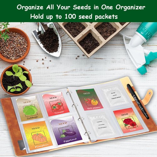 BmBpWOW Garden Seed Storage Organizer Binder: 100 Resealable Envelopes + 25 Sheet 100 Pockets Protectors | Durable Organizer for Seed Packets, Saving & Planting - Brown