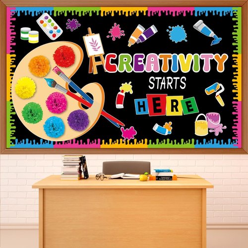 Art Paint Classroom Bulletin Board Decorations Artist Painting Cutouts with Paper Pom Poms Creativity Starts Here Cutouts for Student Teacher Wall Chalkboard Decor Back to School Supplies