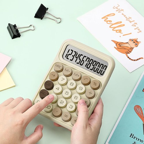 Mr. Pen Mechanical Switch Calculator - 12 Digit Large LCD Display | Khaki Cream with Big Buttons