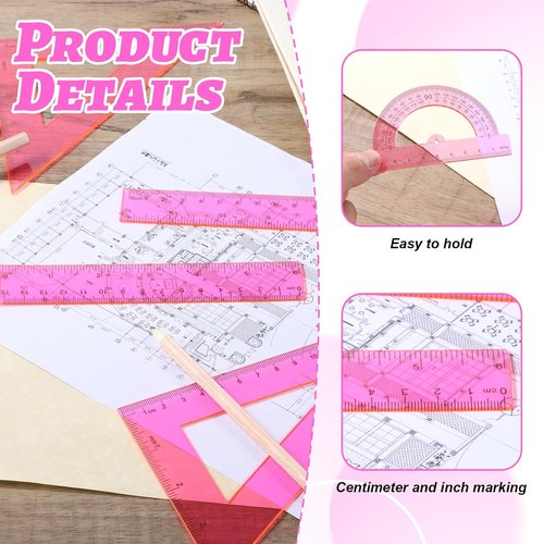 Skiennix 6-Piece Plastic Ruler Set - Includes 12" & 6" Rulers, Protractors, & Triangle Rulers | Pink Geometry Tools for School & Office