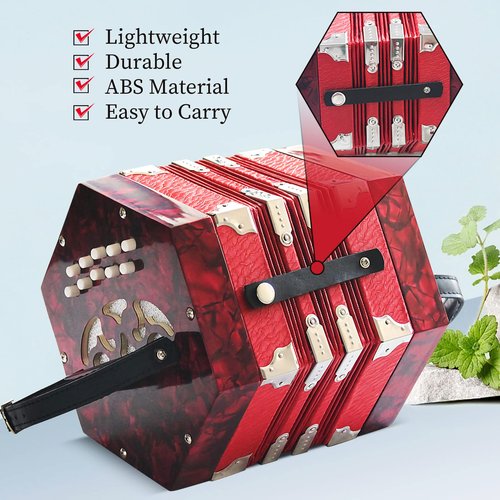 Concertinas，20 Buttons Accordion For Adults Professional Accordion for Beginners, Adjustable Hand Strap, Musical Instrument Accessories With Carrying Bag, Harmonica,Wipe Cloth（Red）
