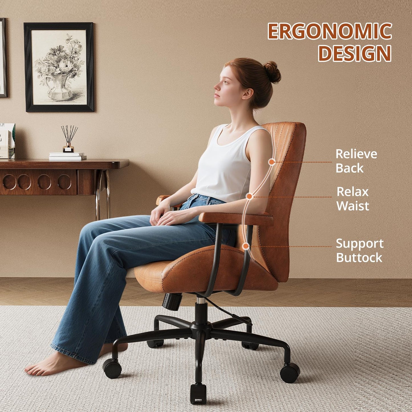 Ergonomic Office Chair 330LBS, Reclining Swivel Mid Back Desk Chair with Adjustable Height, Thickened Cushions, Comfy Executive Armchair for Home Office