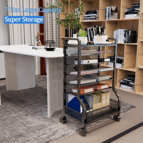 Cankm 7 Tier File Organizer Beside Desk, Rolling File Cart with Sliding Trays Ideal for Office Organization in Offices, Schools, and Studios