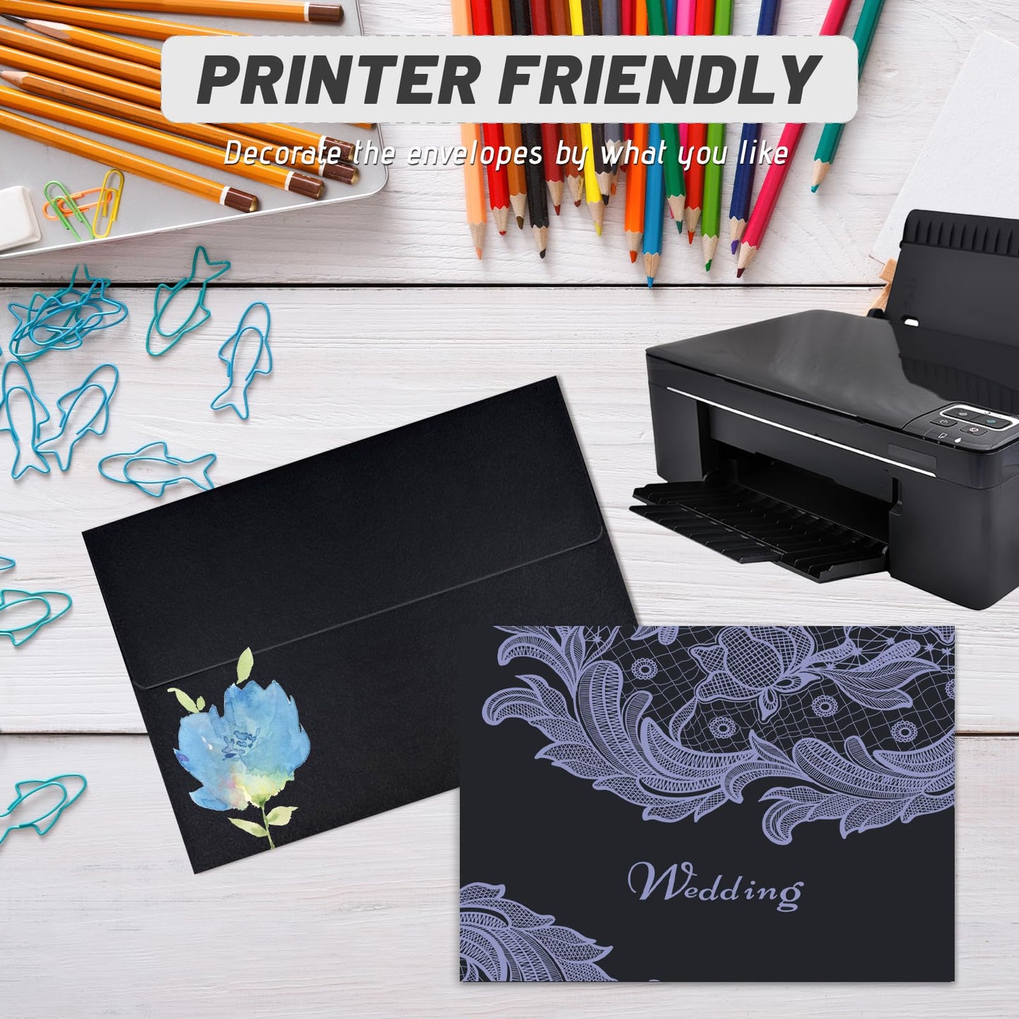 5x7 Envelopes For Invitation A7 Envelope black,50 pack 5x7 card Envelopes Self Seal,for weddings, greeting cards,baby shower,photos,birthday (50, Black, A7)