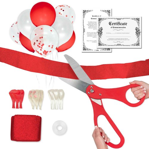 Crutello Ribbon Cutting Ceremony Kit - 21"Giant Scissors with Red Handle, 30ft Sparkle Giant Red Ribbon 4"Wide, 24 Balloons & 90ft Balloon Band for Grand Opening Decorations