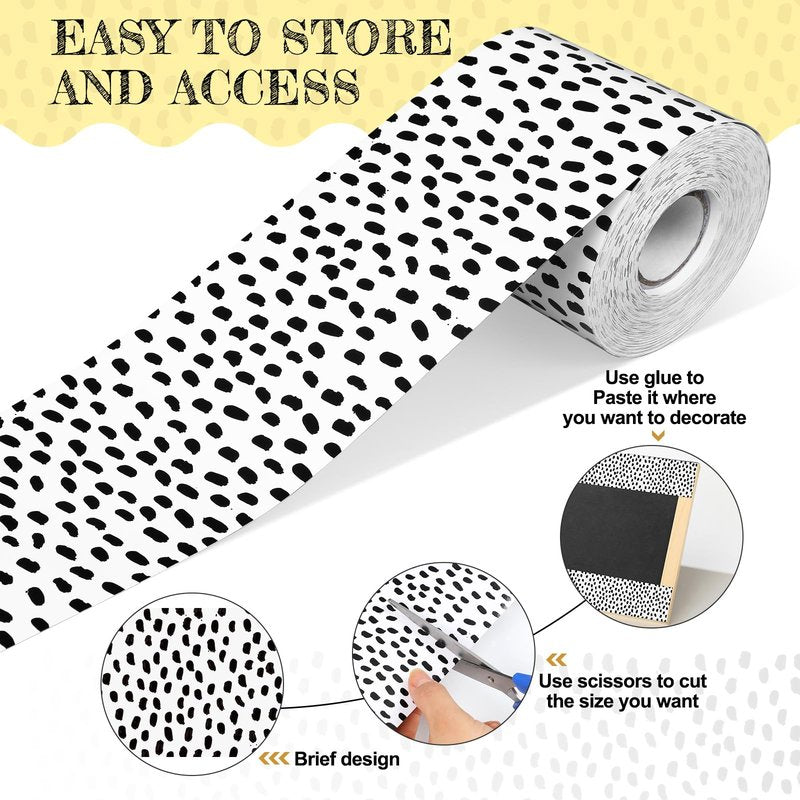 Zonon 65 Feet Bulletin Board Borders Black Messy Dots Striped Grid Borders Decorative Straight Scalloped Wavy Rolled Trim Classroom Back to School Decor