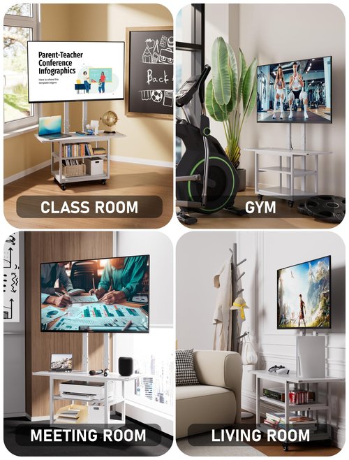 EZISE Portable Rolling TV Cart for 32-75 Inch LCD/LED/OLED TVs, TV Floor Stand on Silent Wheels with Storage Shelf, Height Adjustable Tall TV Stand for Bedroom, Living Room, Office