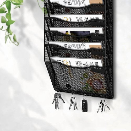Flexzion Wall Hanging File Organizer Metal File Holder 10-Pocket Black Mesh Office Wall Organizer Magazine Rack Wall Mounted Hanging Paper Organizer with Key Hooks and Label Plates