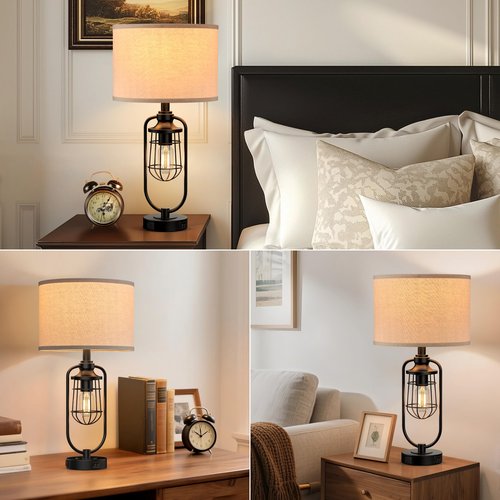 SRJJRS 24" Farmhouse Table Lamps for Living Room Set of 2, Black Rustic Lamps for Night Stands with USB Ports, Industrial Bedside Lamp for Bedroom End Tables, Bulbs Included